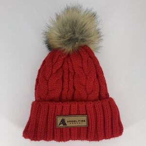 Angel Fire Resort Beanie YOUTH Locale Outdoors Faux Fur Pom Red Knit Hat Cap